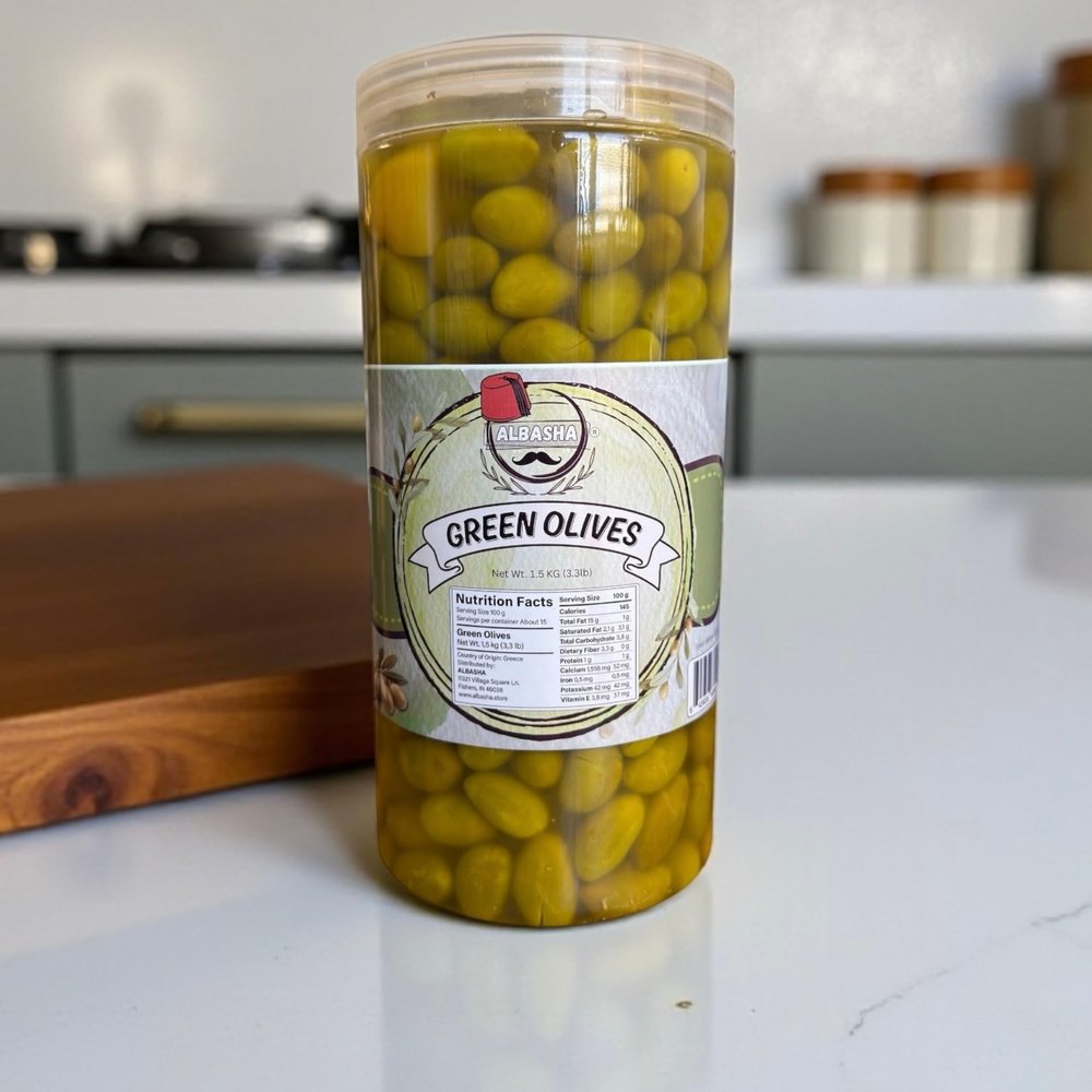 ALBASHA Premium Green Olives, Mediterranean Style, 1.5 KG (3.3 LB) Jar, Jordan Origin
