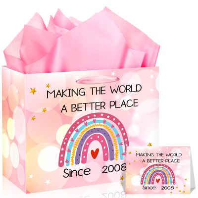 Happy 18th Birthday Gift Bag for Girl Pink Rainbow Since 2008 Wrap Bag 18th Birthday Wrapping with Tissue Paper Card Decorations for 18 Year Old Anniversary Party Princess Rainbow Party Favor Supplies