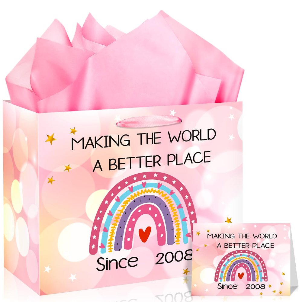 Happy 18th Birthday Gift Bag for Girl Pink Rainbow Since 2008 Wrap Bag 18th Birthday Wrapping with Tissue Paper Card Decorations for 18 Year Old Anniversary Party Princess Rainbow Party Favor Supplies