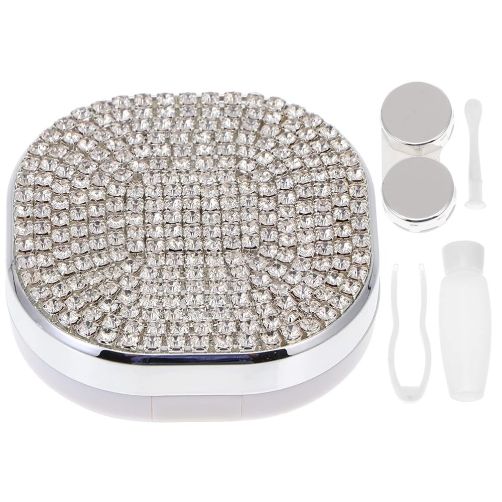 Blablablalu Contact Lens Case with Mirror, Rhinestones Contact Lens Applicator Tool Kit with Tweezer, Remover and Solution Bottle, Portable Travel Contacted Case