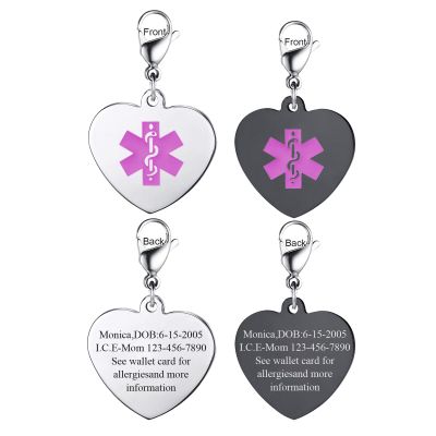 2 Pack-Personalized Medical Alert ID Jewelry High Polish Stainless Steel Heart Shape Medical Emergency Pendant with Lobster Clasp for DIY,Style A,Pink Logo-Custom Text