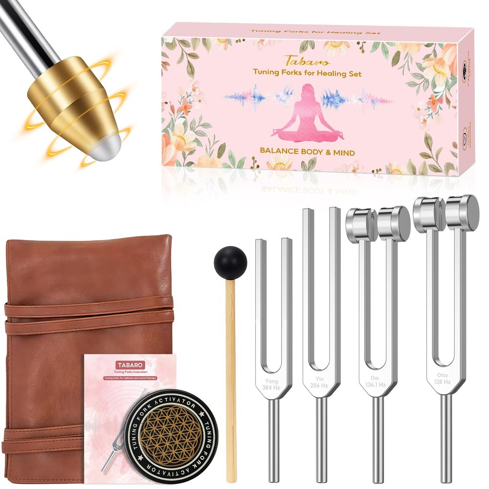 TABARO Tuning Forks for Healing Set - Includes 128HZ 136.1HZ 256HZ 384HZ Weighted & Unweighted Tuning Forks for Chakra/Sound Therapy/Yoga/Meditation/Gift/Mother's Day