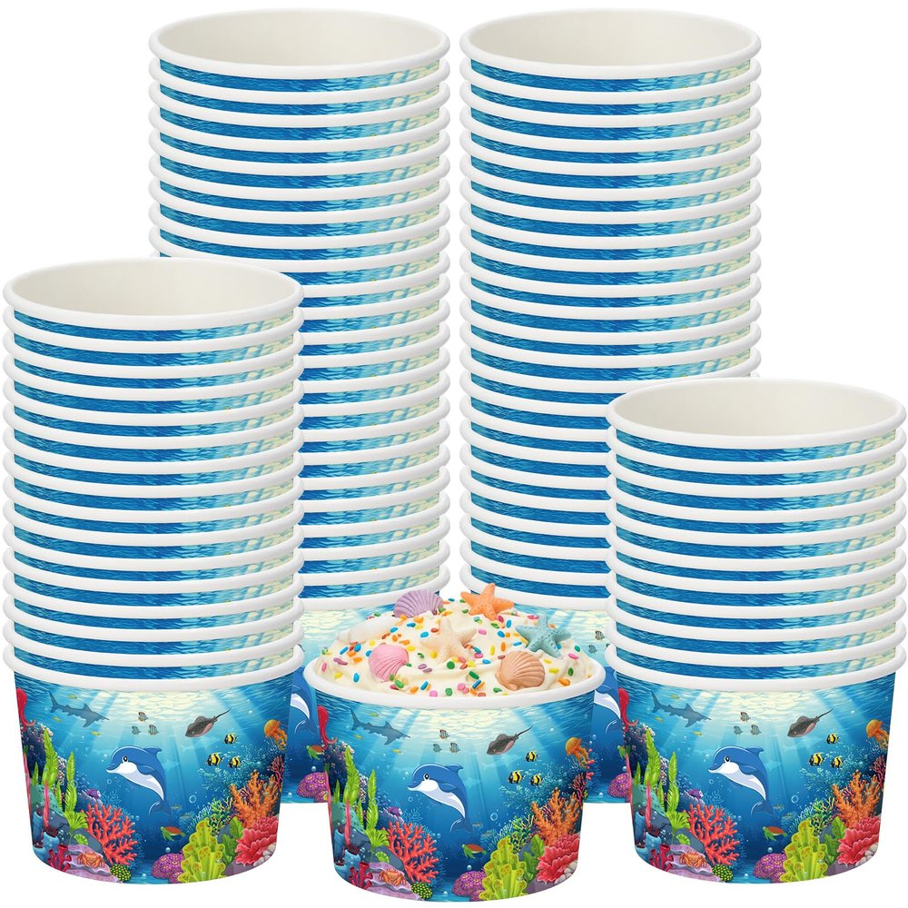 Funnymoom 50 Pack Under The Sea Ice Cream Cups 9 oz Ocean Disposable Dessert Bowls Under The Sea Animal Paper Soup Bowls Snack Cups for Hot or Cold Food Underwater Creatures Birthday Party Supplies