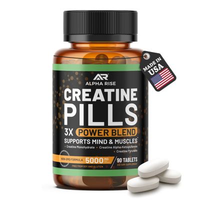 ALPHA RISE Creatine Pills for Men | 90 Tablets | High Dose 5g Daily | 3X Power Blend - Monohydrate, AKG & Pyruvate | No Powder | Non-GMO