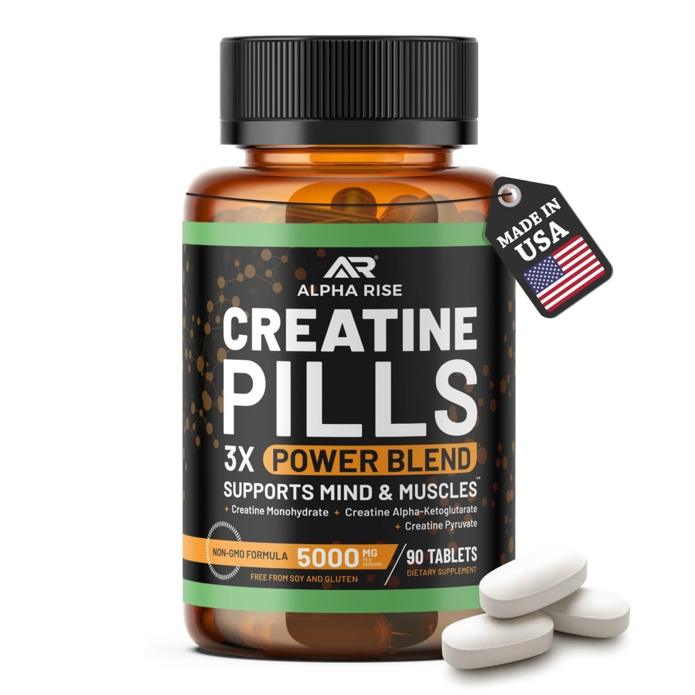 ALPHA RISE Creatine Pills for Men | 90 Tablets | High Dose 5g Daily | 3X Power Blend - Monohydrate, AKG & Pyruvate | No Powder | Non-GMO