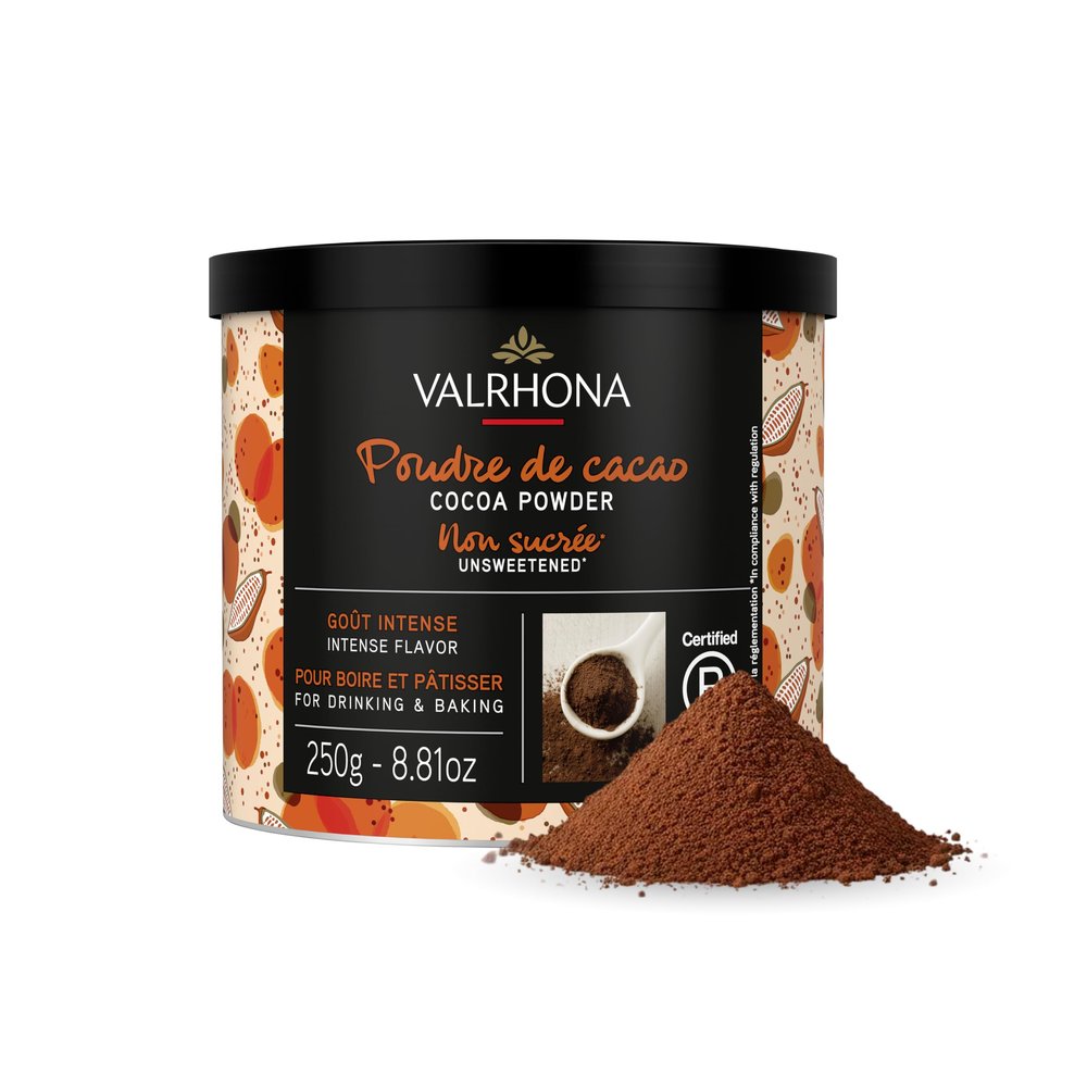 Valrhona Dark French Cocoa Powder. Chefs Choice Cocoa Powder. Warm, Red Color, Pure, Dark, Intense Flavor, Great for Desserts and Hot Chocolate. Kosher 250g
