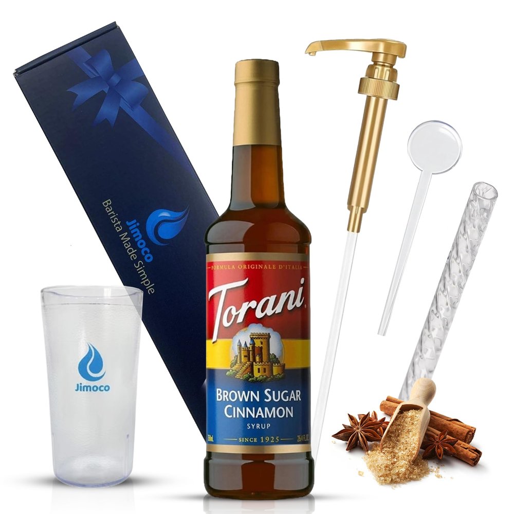 Jimoco Barista Set Torani Brown Sugar Cinnamon Syrup 25.4 oz, Jimoco Pump, Reusable Cup, Straw & Stirrer Coffee, Italian Soda & Cocktail Flavoring Kit