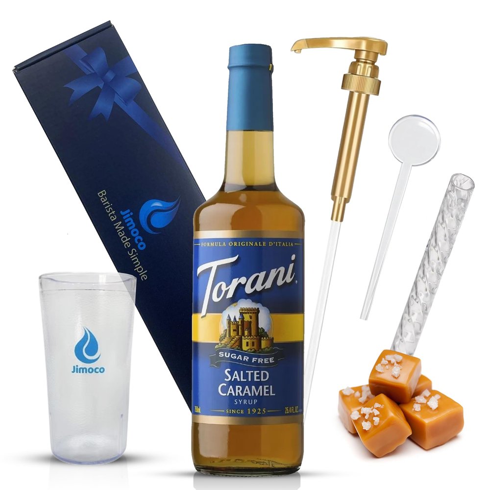 Jimoco Barista Set Torani Sugar Free Salted Caramel Syrup 25.4 oz, Jimoco Pump, Reusable Cup, Straw & Stirrer Coffee, Italian Soda & Cocktail Flavoring Kit
