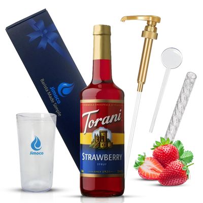 Jimoco Barista Set Torani Strawberry Syrup 25.4 oz, Jimoco Pump, Reusable Cup, Straw & Stirrer Coffee, Italian Soda & Cocktail Flavoring Kit
