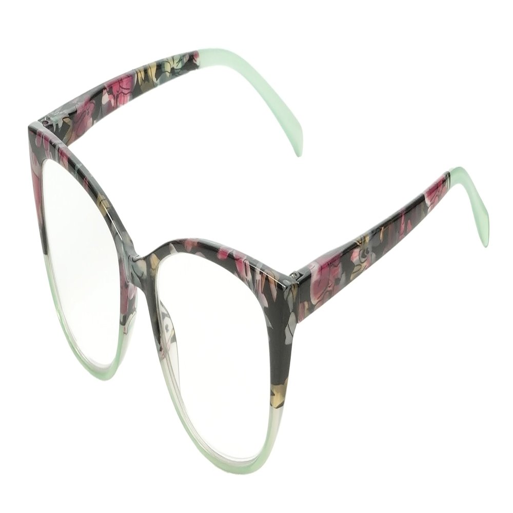 Calabria Cat Eye Glasses [50 x 18 x 140 mm] | Full Rim Eyeglasses w/Plastic Frames | Jelly Light Mint/Black-Pink Floral Retro Reading Glasses w/Blue Light Filter Lens