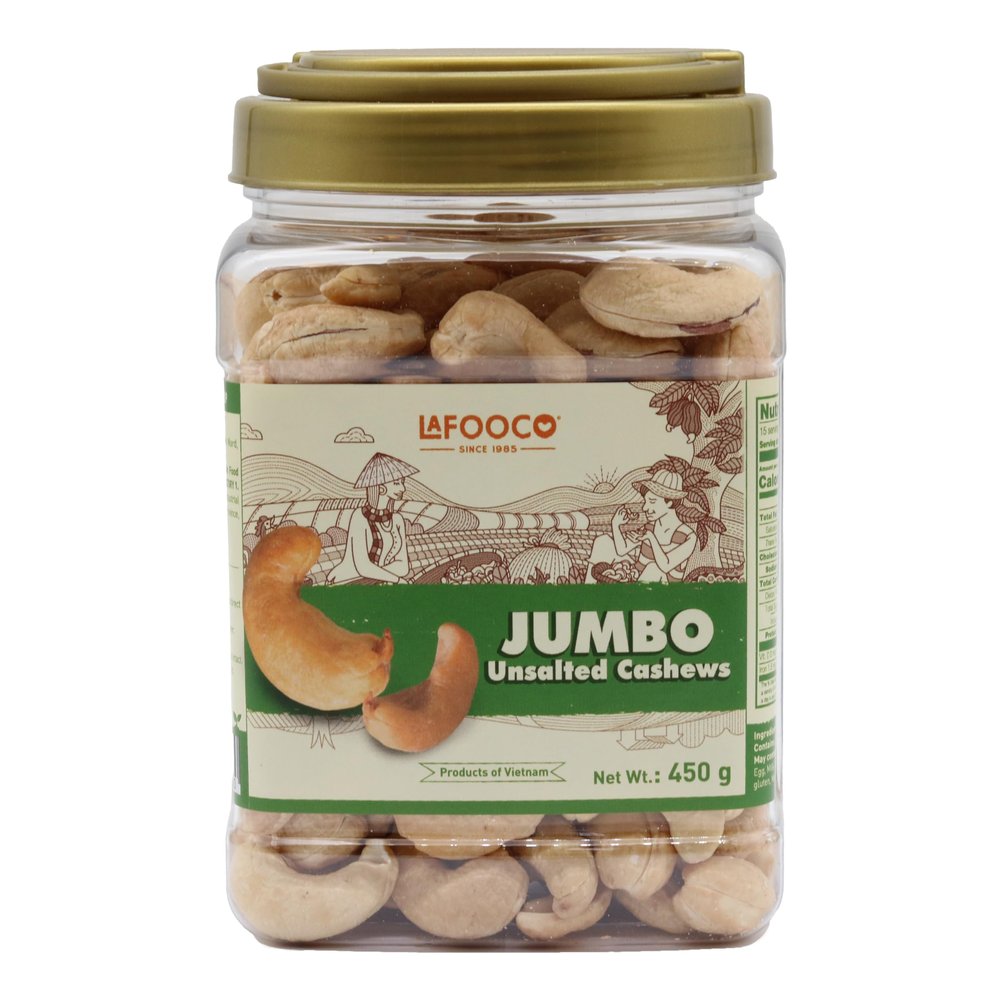 LAFOOCO Jumbo Unsalted Cashew, Tasty Snack, Vietnam Cashews, Rich in Nutrients, Protein, Great Gift for Family, Holiday, Resealable Jar, Halal, BRCGS (14.1 oz)