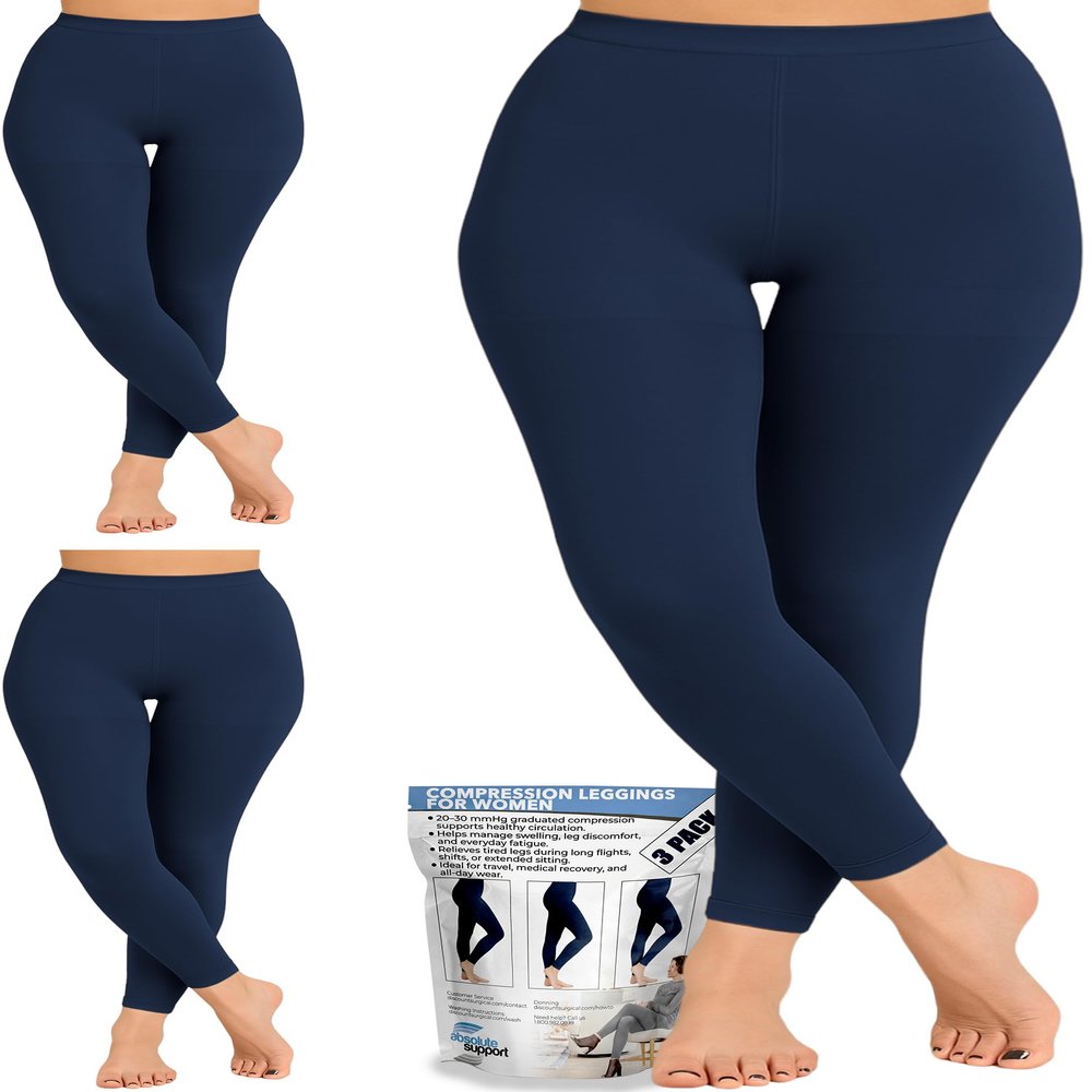 ABSOLUTE SUPPORT Womens Plus Size 2030 mmHg Footless Compression Leggings, 3-Pack Circulation Support for Swelling, Varicose Veins, Travel & Pregnancy, Blue, Small