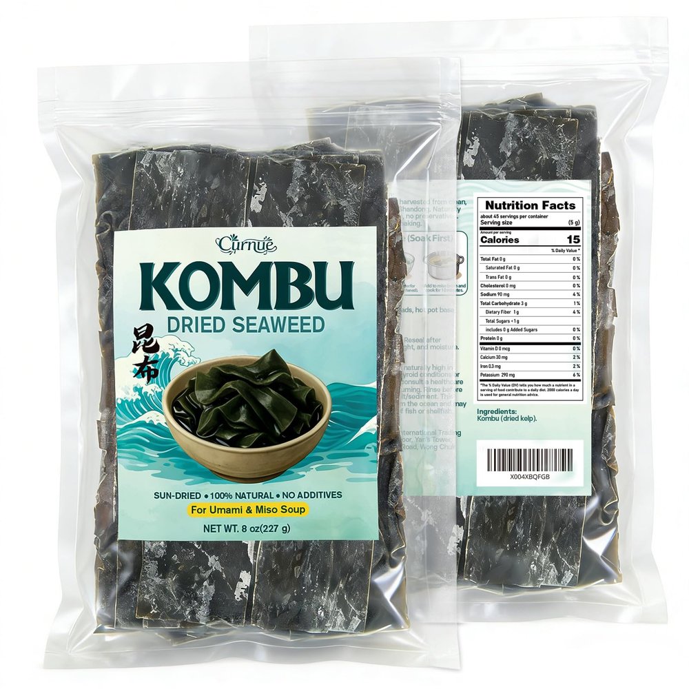 Curnue 8 oz Dried Kombu Seaweed for Miso Soup Dried Kelp Kombu Seaweed for Dashi Stock, Soup Base, Seaweed Salad & Rice Seasoning Sun-Dried, Naturally Umami, No Additives (227g)