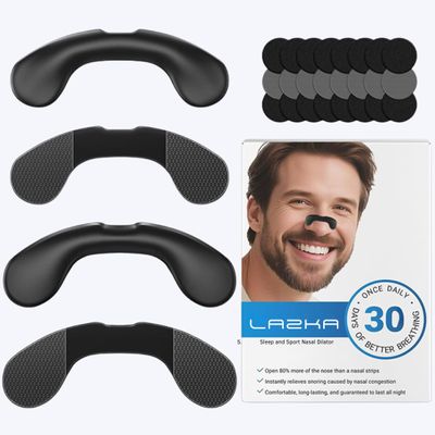 LAZKA Non-Magnetic Nasal Strips Reusable Nose Dilator & Airflow Opener for Snoring Relief, Breathing Support & Congestion Help Nose Vent Strip for Sleep or Sports 30-Day Starter Kit