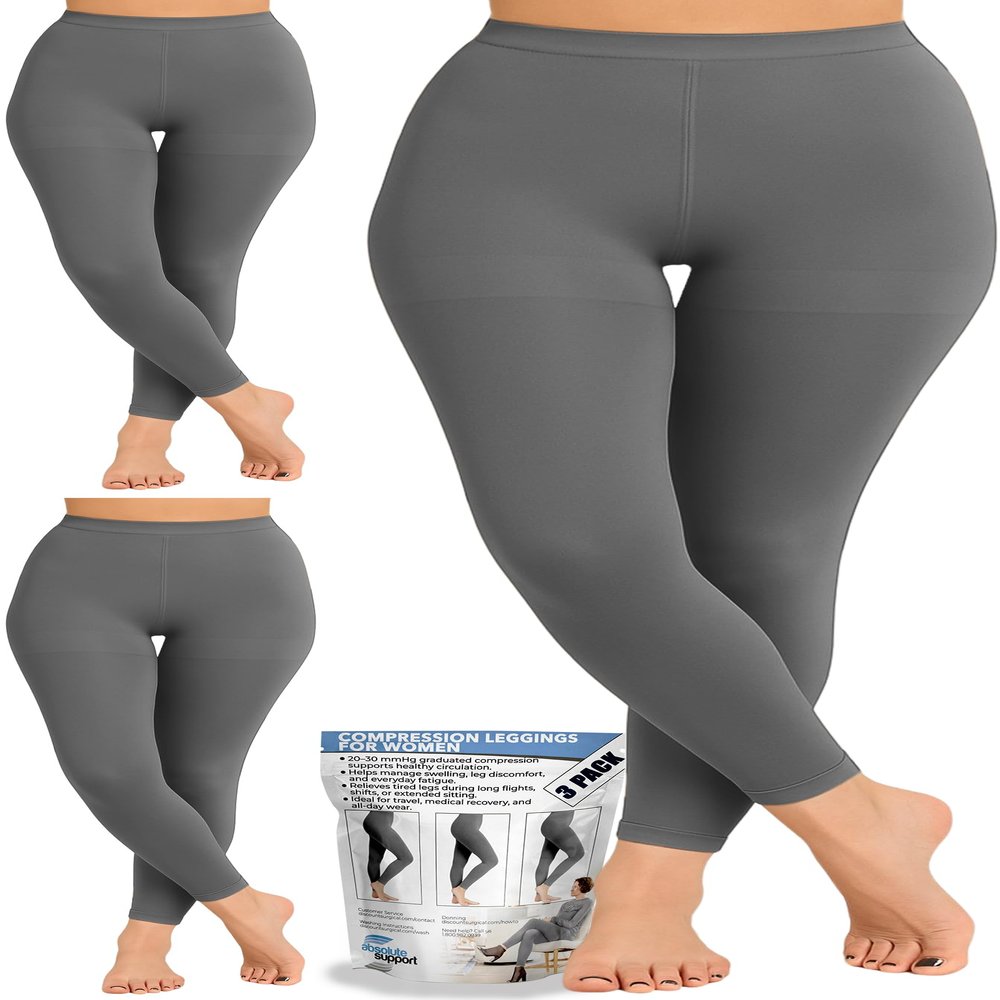 ABSOLUTE SUPPORT Womens Plus Size 2030 mmHg Footless Compression Leggings, 3-Pack Circulation Support for Swelling, Varicose Veins, Travel & Pregnancy, Gray, X-Large
