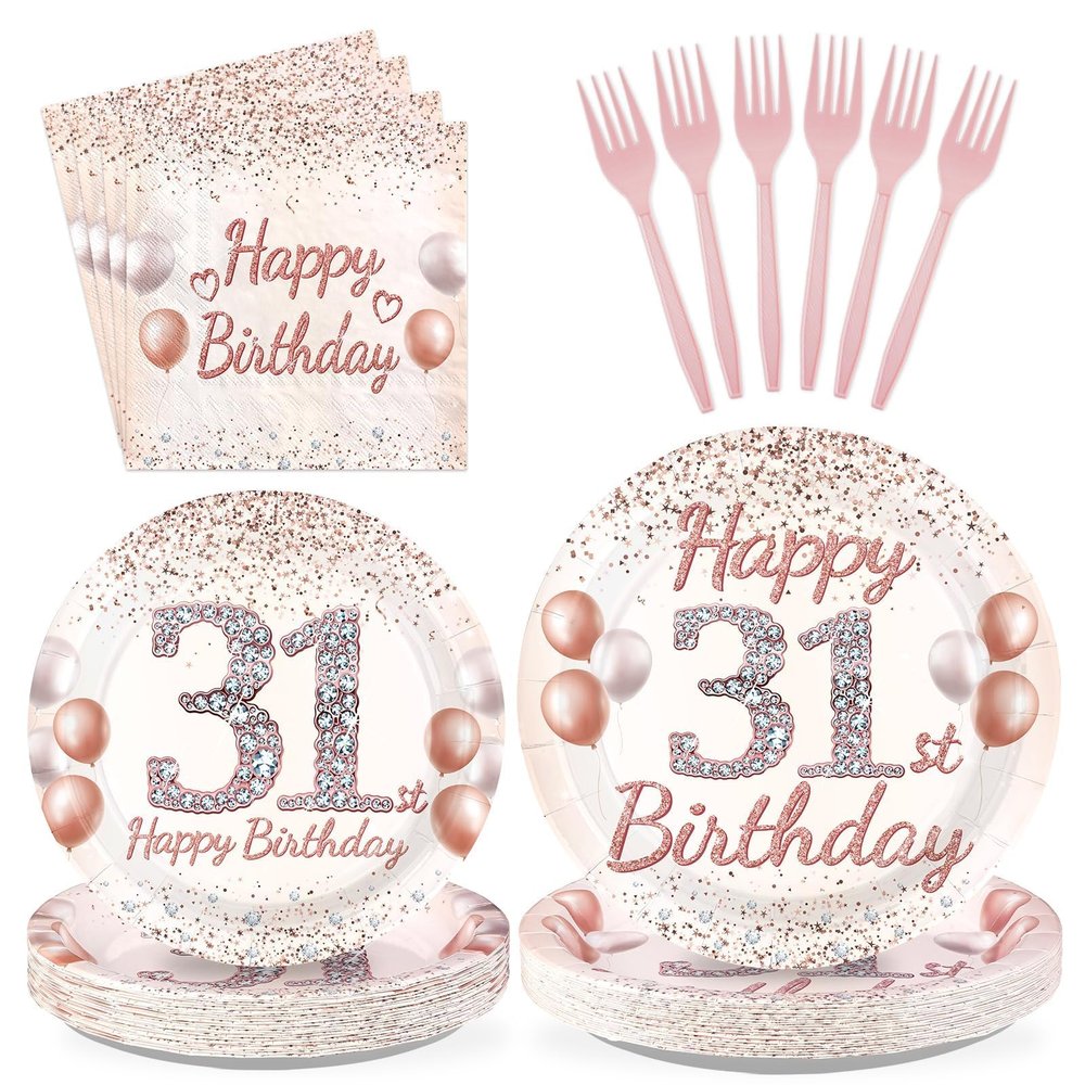 Greencian 96 Pcs Rose Gold 31st Birthday Party Supplies for Women