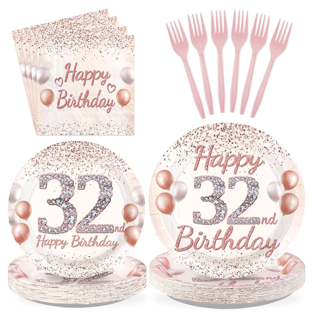 Greencian 96 Pcs 32nd Birthday Party Supplies for Women Serves 24
