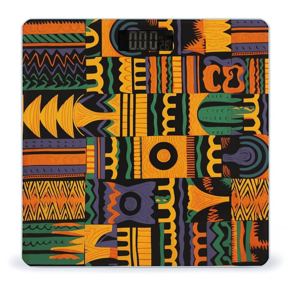 African Ethnic Pattern1 Digital Bathroom Scale for Body Weight with High Precision Digital Weighing Scale with BMI Clear LCD Display and Step-On Measures Weight Up to 180kg