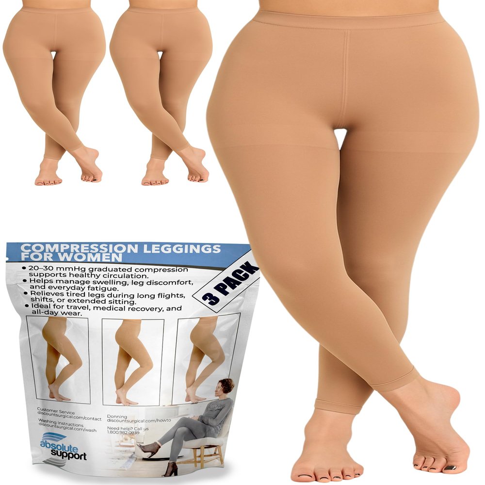 ABSOLUTE SUPPORT Womens Plus Size 2030 mmHg Footless Compression Leggings, 3-Pack Circulation Support for Swelling, Varicose Veins, Travel & Pregnancy, Beige, Small