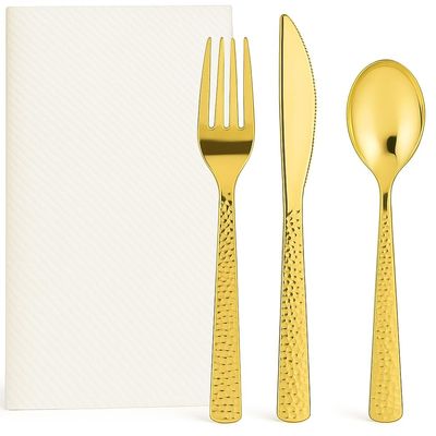 160 Piece Gold Hammered Plastic Cutlery Set with 100 Premium Linen-Feel Cloth-Like Airlaid Guest Towel Napkins, Disposable Party Bundle for Weddings & Events