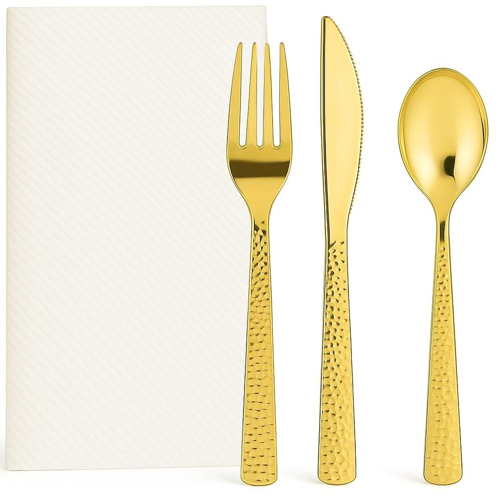 160 Piece Gold Hammered Plastic Cutlery Set with 100 Premium Linen-Feel Cloth-Like Airlaid Guest Towel Napkins, Disposable Party Bundle for Weddings & Events