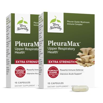 Terry Naturally PleuraMax - Upper Respiratory Health Supplement - Sourced from Oyster Mushrooms - Includes Vitamin C for Immune Support - Vegan & Non-GMO - 30 Capsules (30 Servings)- 2 Pack