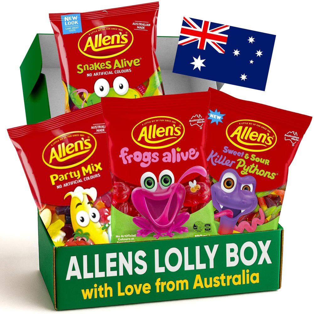 Allens Australian Candy Variety Box - Killer Pythons Sweet & Sour 192g, Red Frogs Alive 190g, Party Mix 190g, Snakes Alive 200g - Authentic Aussie Candy Gift Set, No Artificial Colors