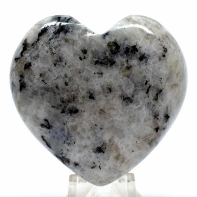 60mm 135g Rainbow Moonstone w/Smoky Quartz & Tourmaline Carved Heart Polished Natural Sparkling Feldspar Gemstone Crystal Mineral Dcor Specimen - India + Stand