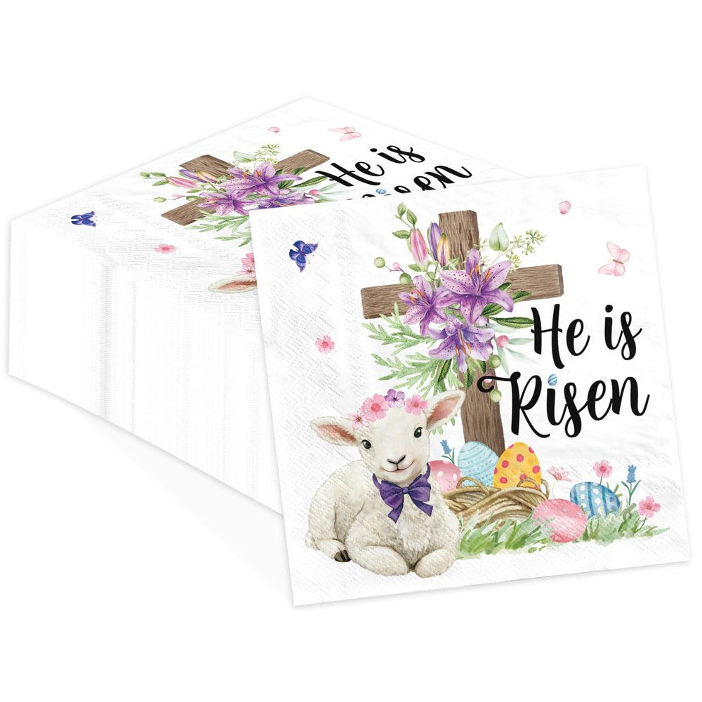 100Pcs Easter Paper Napkin 3-ply 6.5'' x 6.5" Disposable Sheep Cross Eggs Flower Dinner Size Napkins He Is Risen Lamb Square Beverage Napkin for Christian Jesus Easter Religious Party Kitchen Supplies