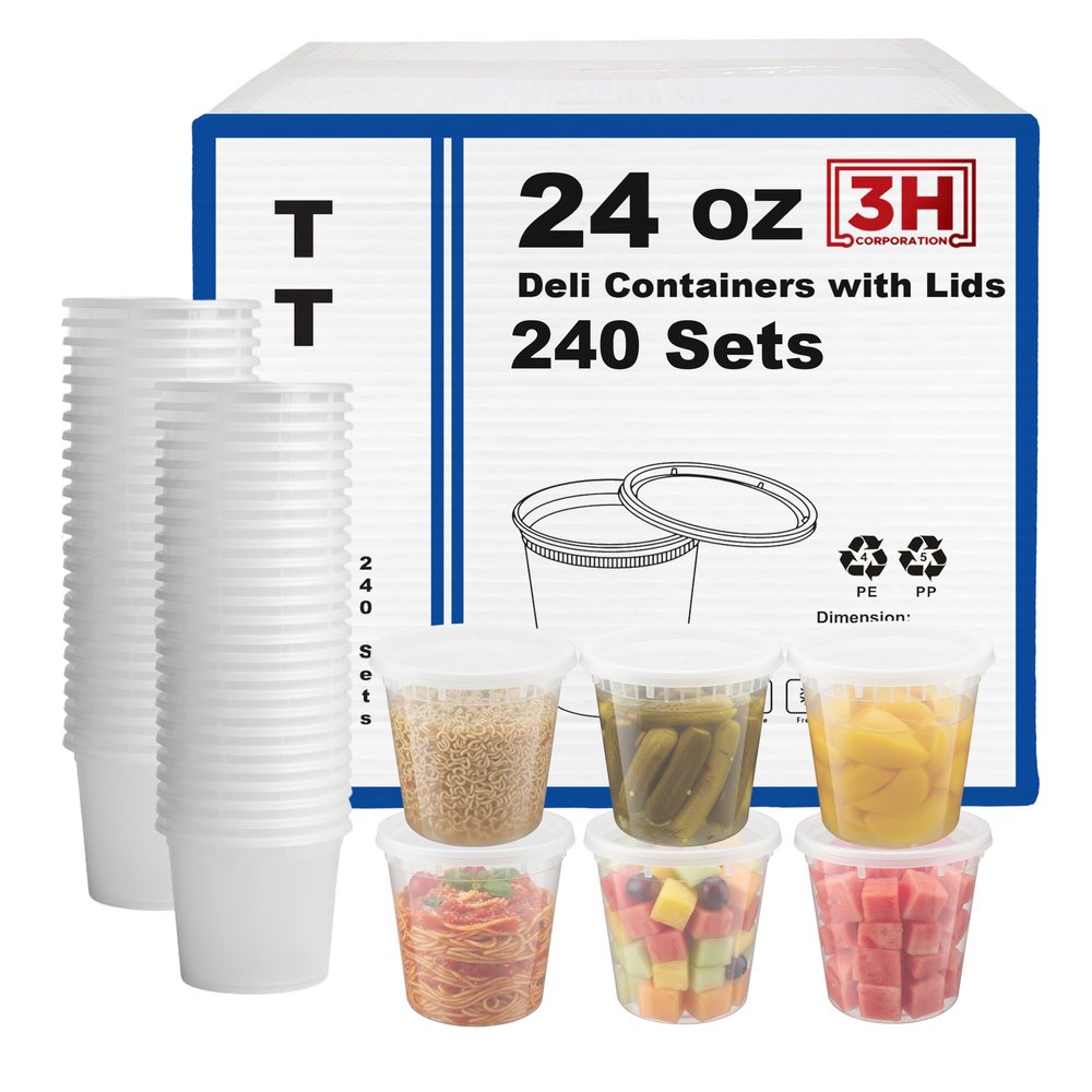 3H CORPORATION 24 oz Food Storage Containers with Lids (240 Set/480 Piece) Deli Soup Containers, Freezer Microwave Safe, BPA-Free Plastic, Stackable Snack Leakproof Leftover Organizers & To-Go