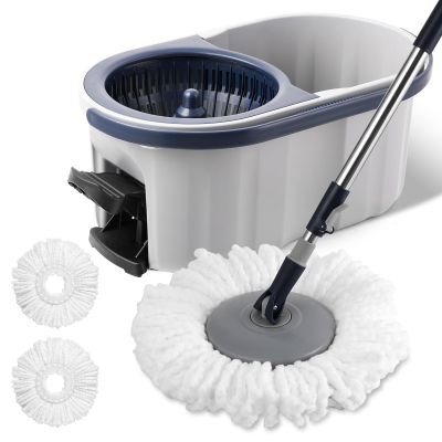 Spin Mop and Bucket System with180-Degree Rotating Head Telescopic Handle Dual Chamber Bucket Floor Cleaning Set with 3 Mop Refills Dual-Function Wringing Hand-Press and Foot-Pedal