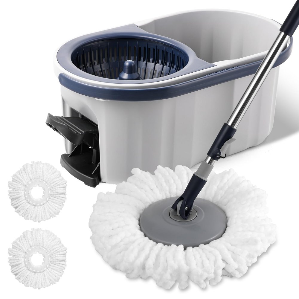 Spin Mop and Bucket System with180-Degree Rotating Head Telescopic Handle Dual Chamber Bucket Floor Cleaning Set with 3 Mop Refills Dual-Function Wringing Hand-Press and Foot-Pedal