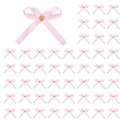 PH PandaHall 50pcs Bows Ribbons for Party Favors, Pink Bows with Golden Crown Ribbon Bow Party Favors Ribbon Set for Wedding Baptism Birthday Party Favors Church Gift Wrapping Decorations