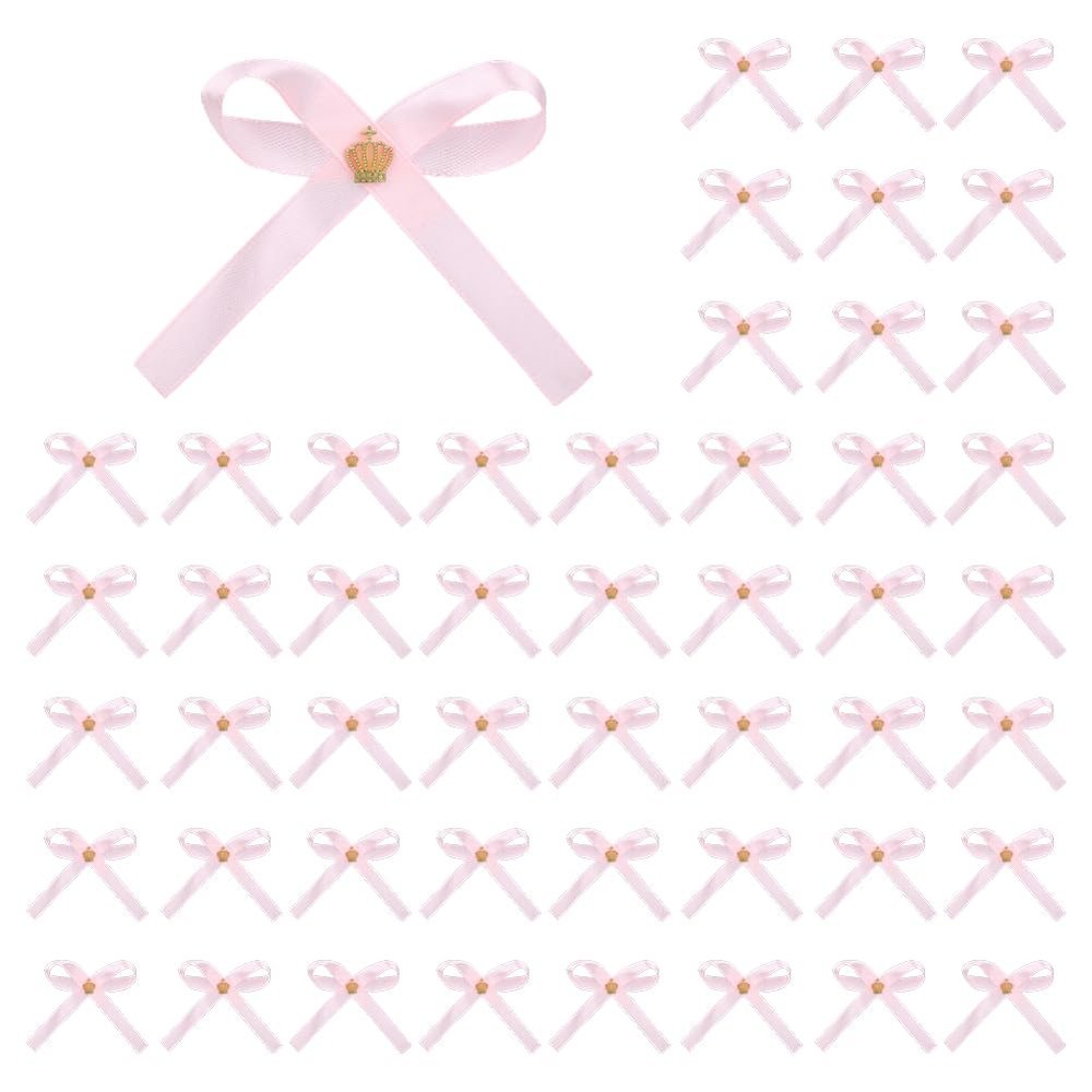 PH PandaHall 50pcs Bows Ribbons for Party Favors, Pink Bows with Golden Crown Ribbon Bow Party Favors Ribbon Set for Wedding Baptism Birthday Party Favors Church Gift Wrapping Decorations