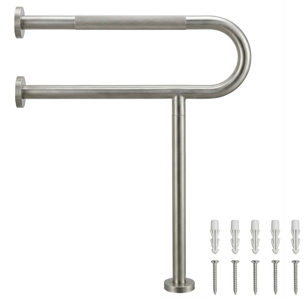 M JINGMEI 24 Inch Toilet Grab Bar with Leg for Bathroom, Wall & Floor Mounted Stainless Steel Handicap Grab Bar, Brushed Nickel Anti-Slip Knurled Grip, Safety Rail for Elderly, Disabled and Pregnant