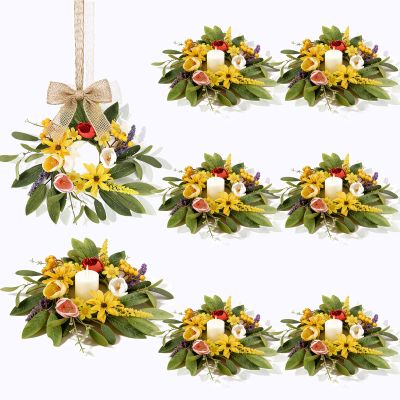 8 Pcs Spring Candle Rings Wreaths Spring Wreaths for Front Door 9'' Small Tulip Floral Candle Holder Rings for Window Front Door Flowers Wedding Anniversary Party Decoration