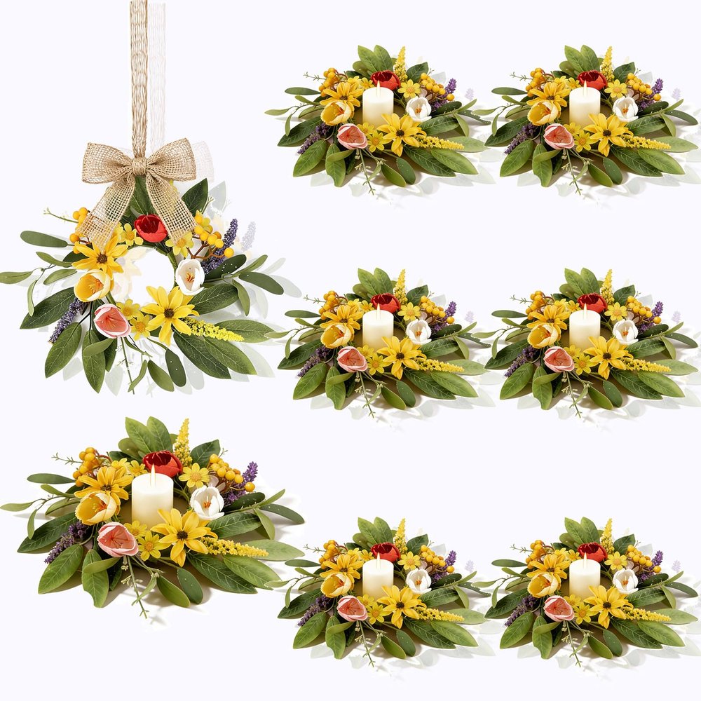 8 Pcs Spring Candle Rings Wreaths Spring Wreaths for Front Door 9'' Small Tulip Floral Candle Holder Rings for Window Front Door Flowers Wedding Anniversary Party Decoration