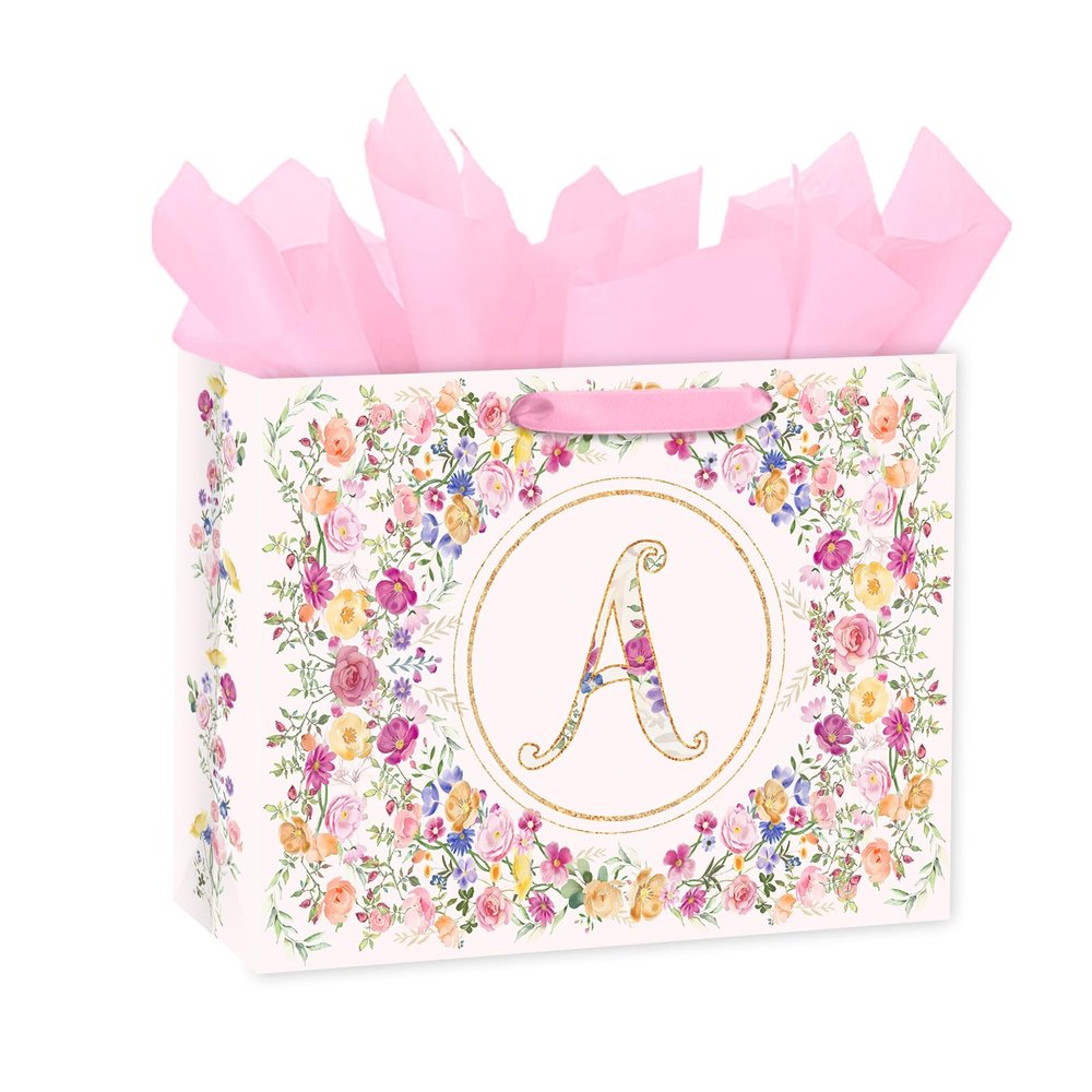 Loveinside 13" Large Floral Monogram Letter A Gift Bag, Personalized Alphabet Flower Initial Gift Bag with Tissue Paper for Girls, Birthday, Wedding, Mother's Day, Bridal Shower, 13" x 5" x 10", 1 Pcs