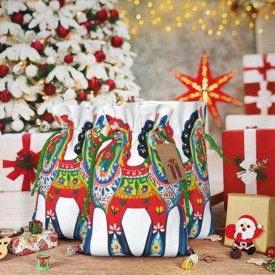 Christmas Drawstring Gift Bags Assorted Sizes Xmas Wrapping Bag Runner Swedish Dala Horse Folk Gift Bags Holiday Gifts Wrap Packing Pouches Favors Bag for Christmas Candy Goodie Holiday Party Favors Medium