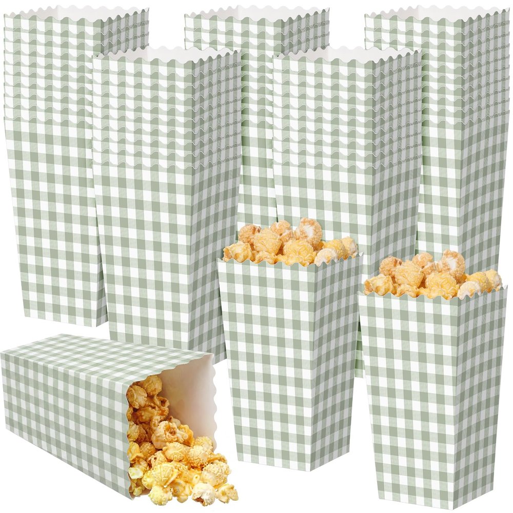 Geyoga 50 Pcs Sage Green Gingham Popcorn Boxes 6 x 3 x 2.4 in Plaid Popcorn Bucket Disposable Paper Party Candy Snack Containers for Movie Night Birthday Baby Shower Party Supplies