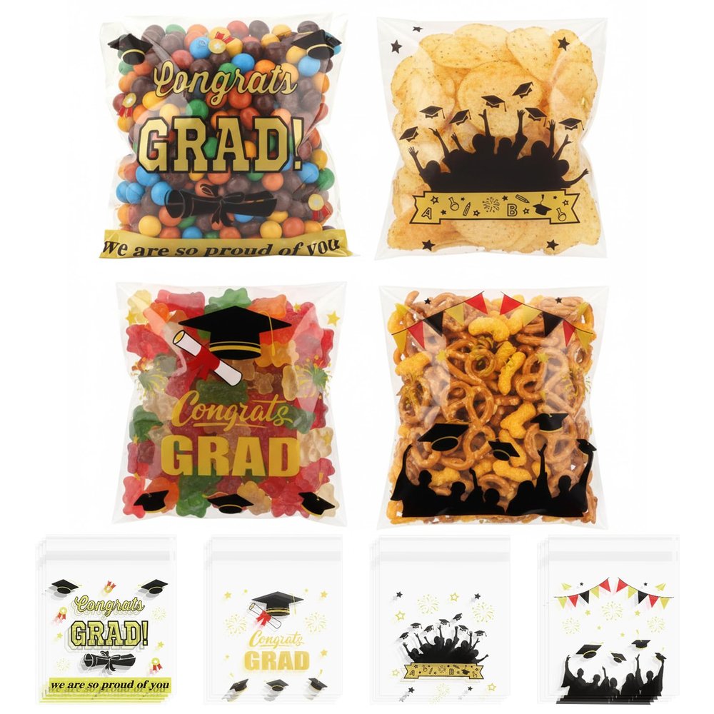 100 PCS Clear Cellophane Graduation Candy Goodie Goody Treat Cookie Small Gifts Bags Package Graduation Party Favors Supplies Wrap Congrats Grad Decorations Class of 2026 Ziplock Pouches Baggies