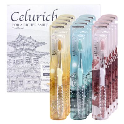 Celurich Premium Toothbrush 12-Pack with Ultra-Soft Slim Bristles, Crafted with Koreas Finest Gold & Jade-Colored Bristle, Double-Length Bristles Deep Clean Design, Non-Slip Silicone Handle