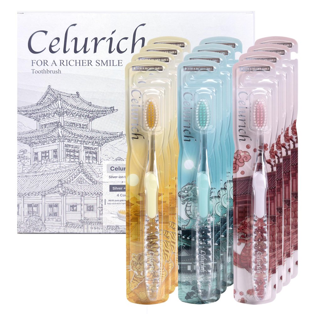Celurich Premium Toothbrush 12-Pack with Ultra-Soft Slim Bristles, Crafted with Koreas Finest Gold & Jade-Colored Bristle, Double-Length Bristles Deep Clean Design, Non-Slip Silicone Handle