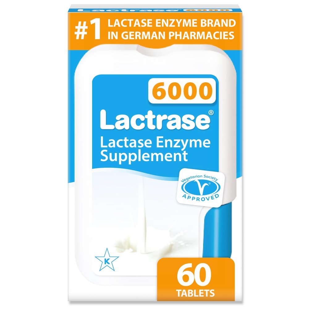 Lactrase Tablet Dispenser #1 Lactase Brand in German Pharmacies Strong 6,000 FCC Lactase Units 60 Fast-Acting Pills for Lactose Intolerance Enjoy Dairy Again