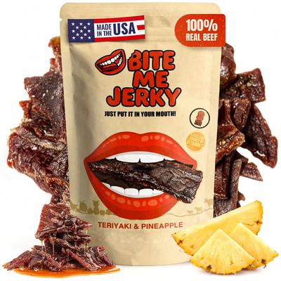 Bite Me Jerky Tender Beef Jerky Snacks Pack with Premium Meats & Real Fruit | Bold Teriyaki & Pineapple Flavor | High Protein, Low Sugar Portable Beef Jerky Bulk | Made in USA - 4oz, 113g