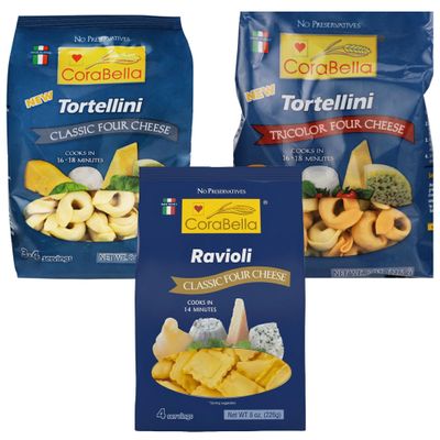 Corabella Tortellini and Ravioli Pasta Variety Pack - Tricolor, Classic Four Cheese, and Four Cheese Ravioli | No Preservatives | Premium Ingredients | Authentic Italian Pasta - 8.8 oz (Pack of 3)