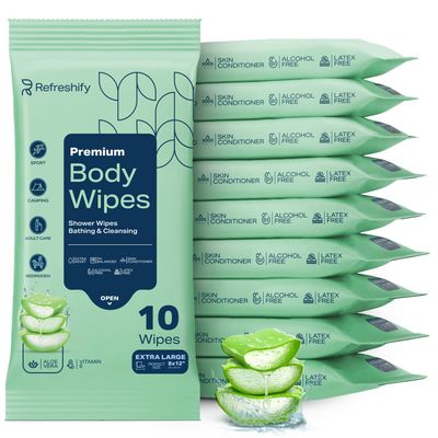 120 Large Shower Wipes Body Wipes for Adults Bathing No Rinse 12 Packs of 10 Extra Moist Bath with Aloe & Vitamin E for Camping, Travel, Gym & Bedridden Care