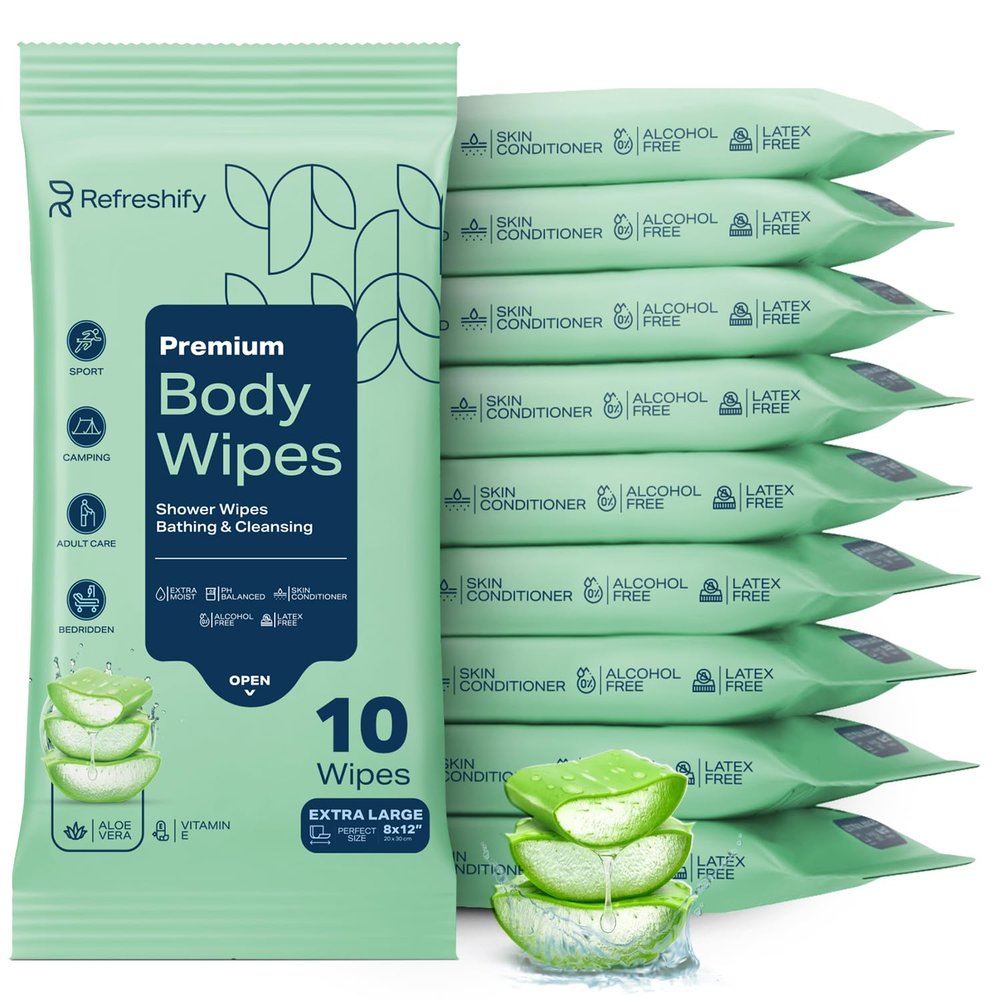 120 Large Shower Wipes Body Wipes for Adults Bathing No Rinse 12 Packs of 10 Extra Moist Bath with Aloe & Vitamin E for Camping, Travel, Gym & Bedridden Care