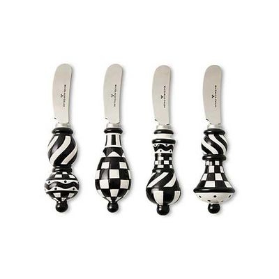 MACKENZIE-CHILDS Set of 4 Party Spreaders, Metal Butter and Charcuterie-Board Utensils, Black-and-White Courtly Check