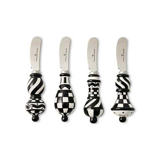 MACKENZIE-CHILDS Set of 4 Party Spreaders, Metal Butter and Charcuterie-Board Utensils, Black-and-White Courtly Check